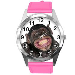 Runde Armbanduhr aus Leder für Fans von Affen, hot pink von TAPORT