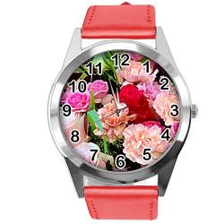 Runde Armbanduhr aus rotem Leder für Blumen-Fans E4, rot von TAPORT