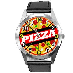 Runde Armbanduhr aus schwarzem Leder für Fans von Pizza, Schwarz von TAPORT