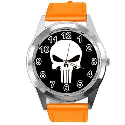 Runde Uhr aus Leder für Fans von Totenkopf, Orange von TAPORT