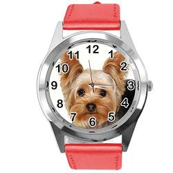 TAPORT® Armbanduhr Analog Quarz mit Echtlederband ROT Rund für York Terrier Fans von TAPORT