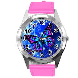 TAPORT® Armbanduhr für Schmetterlings-Fans, Leder, rund, Hot Pink von TAPORT