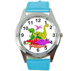 TAPORT® Dinosaurier-Quarz-Armbanduhr, rund, mit blauem Echtlederband. von TAPORT