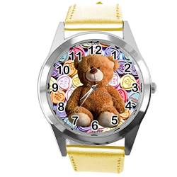 TAPORT® Gold Leder Quarz Runde Uhr für Teddybär-Fans e2 von TAPORT