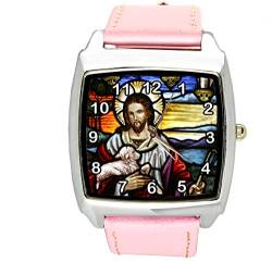 TAPORT® Jesus Christus Quarz-Armbanduhr, quadratisch, rosa Lederband von TAPORT