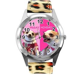 TAPORT® Leopard Print Leder Quarz Runde Uhr Montag Freitag Fun Chihuahua von TAPORT