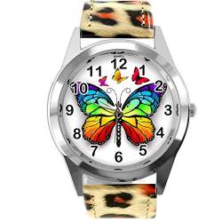 TAPORT® Leopard Print Leder Runde Uhr für Schmetterling Fans E2 von TAPORT