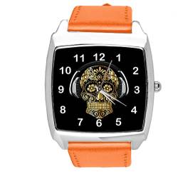 TAPORT® Quarz-Armbanduhr für Totenköpfe, Leder, quadratisch, Orange von TAPORT