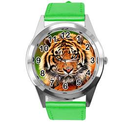 TAPORT® Runde Armbanduhr aus grünem Leder für Tiger-Fans. von TAPORT