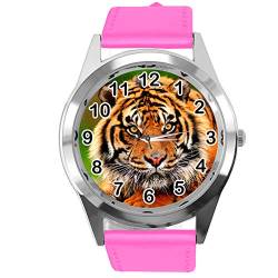 TAPORT® Runde Lederuhr für Tiger-Fans, Hot Pink von TAPORT