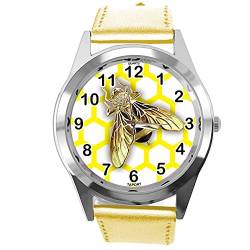 TAPORT® Runde Quarz-Armbanduhr für Bienenfans, Leder, goldfarben von TAPORT