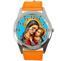 TAPORT® Sankt Maria Quarz-Armbanduhr, rund, orangefarbenes Lederband von TAPORT
