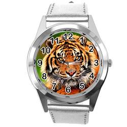 TAPORT® Silberfarbene Lederarmbanduhr für Tiger-Fans. von TAPORT