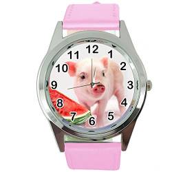 TAPORT® Uhr Analog Quarz mit Echtlederband rosa rund für Ferkel Babe Fans, rose, Armband von TAPORT
