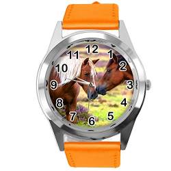 TAPORT Orange Leder Runde Uhr für schöne Pferde Fans E2 von TAPORT