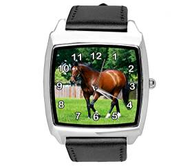TAPORT Quadratische Armbanduhr aus schwarzem Leder für Pferdefans, Schwarz , Riemen von TAPORT