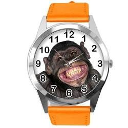TAPORT Runde Armbanduhr aus Leder für Affenfans, Orange, Orange, Riemen von TAPORT