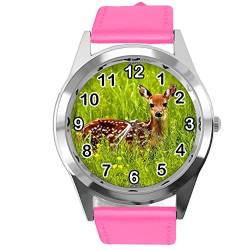 TAPORT Runde Armbanduhr aus Leder für Hirschfans in Hot Pink von TAPORT