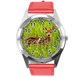 TAPORT Runde Armbanduhr aus rotem Leder für Hirschfans von TAPORT