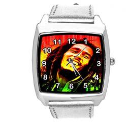 Taport® Armbanduhr Analog Quarz mit Echtlederband Silber Quadrat für BOB Marley Fans E2 von TAPORT