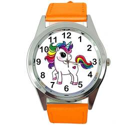 Taport® Damen-Armbanduhr Analog Quarz mit Echtlederband Orange Rund Einhorn E2 von TAPORT