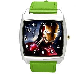 Taport® Iron Man Quarz-Armbanduhr, quadratisch, SCI FI, echtes Lederband, inklusive Ersatzakku und Geschenkbeutel, Grün von TAPORT