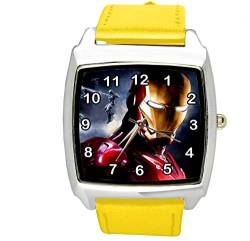 Taport® Iron Man Quarz-Armbanduhr, quadratisch, aus echtem Leder, Gelb, inklusive Ersatzakku und Geschenkbeutel von TAPORT