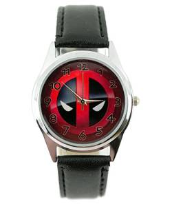 Taport® Quartz-Sportuhr in Deadpool-Design von Marvel mit schwarzem Echtlederarmband + Ersatzbatterie + Geschenktüte von TAPORT