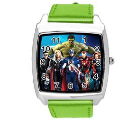 Taport® Quarz-Armbanduhr, grünes Lederband, quadratisch, für Fans des Helden-Universums von TAPORT