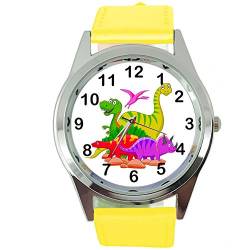 Taport® Quarz-Armbanduhr Dinosaurier rund SCI FI, gelbes Echtleder-Armband + gratis Ersatzakku + Geschenkbeutel von TAPORT