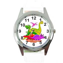 Taport® Quarz-Armbanduhr Dinosaurier rund SCI FI, weißes Echtleder-Armband + gratis Ersatzakku + Geschenkbeutel von TAPORT