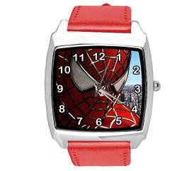 Taport® Quarzuhr rot Lederband rund für Spiderman-Fans E1 von TAPORT