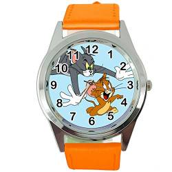 Taport® Tom und Jerry Quarz-Armbanduhr, rund, SCI FI, echtes Lederband, inklusive Ersatzakku und Geschenkbeutel, Orange von TAPORT