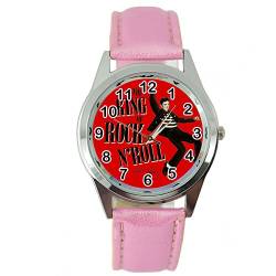 taport® Elvis Presley Music Legend Bergkristall rund Armbanduhr Pink Echt Leder Band E6 + Gratis Ersatz Batterie + Gratis Geschenkverpackung von TAPORT