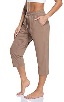 TARSE Damen Capri Yoga Hose Lose Weich Kordelzug Workout Sweatpants Casual Lounge Hose mit Taschen, Braune Caprihose, XX-Large von TARSE