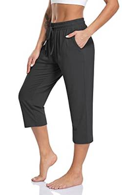 TARSE Damen Capri Yoga Hose Lose Weich Kordelzug Workout Sweatpants Casual Lounge Hose mit Taschen, Dunkelgraue Caprihose, 3X-Groß von TARSE