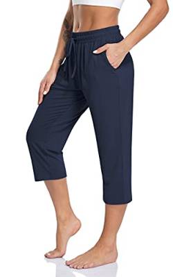 TARSE Damen Capri Yoga Hose Lose Weich Kordelzug Workout Sweatpants Casual Lounge Hose mit Taschen, Navy Capris, 3X-Groß von TARSE