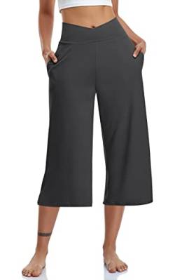 TARSE Damen Caprihose mit weitem Bein, Caprihose, Crossover, hohe Taille, locker, weiche Pyjama-Taschen, Jogginghose, Dunkel_Grau, M von TARSE