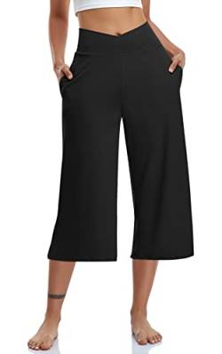 TARSE Damen Caprihose mit weitem Bein, Caprihose, Crossover, hohe Taille, locker, weiche Pyjama-Taschen, Jogginghose, Schwarz, S von TARSE