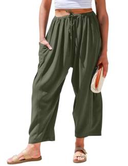 TARSE Damen Leinenhose mit weitem Bein, lockerer Kordelzug, niedrige Taille, Strand, Palazzo, Haremshose mit Taschen, Grün , M von TARSE