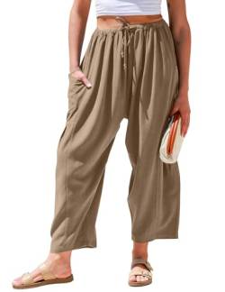 TARSE Damen Leinenhose mit weitem Bein, lockerer Kordelzug, niedrige Taille, Strand, Palazzo, Haremshose mit Taschen, Kaffee, Groß von TARSE