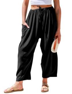 TARSE Damen Leinenhose mit weitem Bein, lockerer Kordelzug, niedrige Taille, Strand, Palazzo, Haremshose mit Taschen, Schwarz, Groß von TARSE