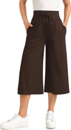 TARSE Hose mit weitem Bein für Damen, mit Taschen, Sommer-Lounge, Cropped-Palazzo, 48,5 cm/72,9 cm Schrittlänge, Dunkles Kaffeebraun, M von TARSE