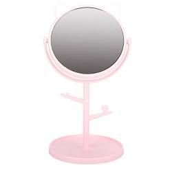 Modischer, Niedlicher Tisch-Schminkspiegel, Drehbarer Haushaltskosmetikspiegel mit Tablett, Schminkspiegel für Schlafzimmer, Badezimmer und Tischplatte (Katzenohren rosa) von TARSHYRY