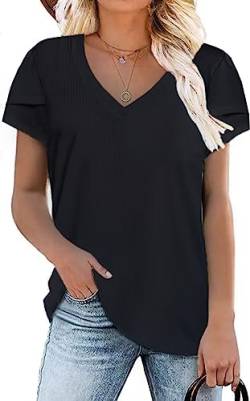 TASAMO Damen Blütenblatt Kurzarm Bluse Tunika Lässiges T-Shirt V-Ausschnitt Shirt Loser Pullover Oberteil Schwarz M von TASAMO