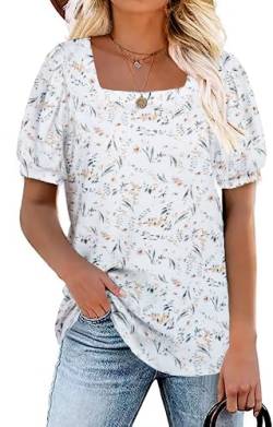 TASAMO Damen Casual Kurzarm Shirt Floral Print Bluse Lose Square Neck T Shirts Elegante Tops,Weiße Blumen,Large von TASAMO