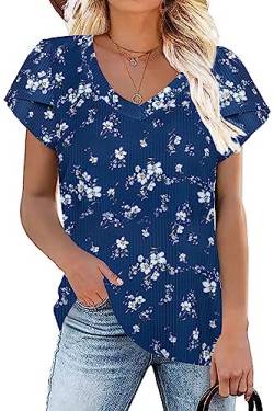 TASAMO Damen Casual Pullover Petal Kurzarm Shirts V-Ausschnitt Baggy Blumendruck Oberteil Blusen Tunika Tops Blau Blume M von TASAMO