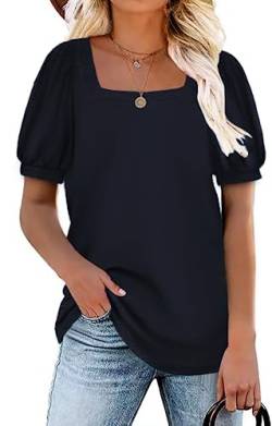 TASAMO Damen Kurzarm Tops Lose Solid Plain Shirts Casual Square Neck T-Shirts Tunika Leichte Bluse,Schwarz,Large von TASAMO