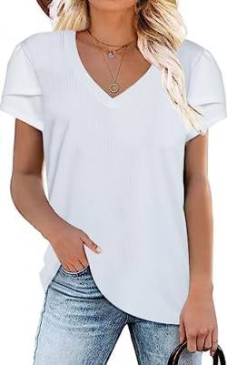 TASAMO Damen-T-Shirt mit kurzen Ärmeln und V-Ausschnitt Oberteil，Bequeme，Kausale Tunika Weiß XL von TASAMO