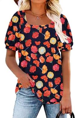 TASAMO T-Shirts für Damen Square Neck Tops Damen Sommer Lose Tunika Floral Print Puff Sleeve Top,Schwarze Blumen,X-Large von TASAMO